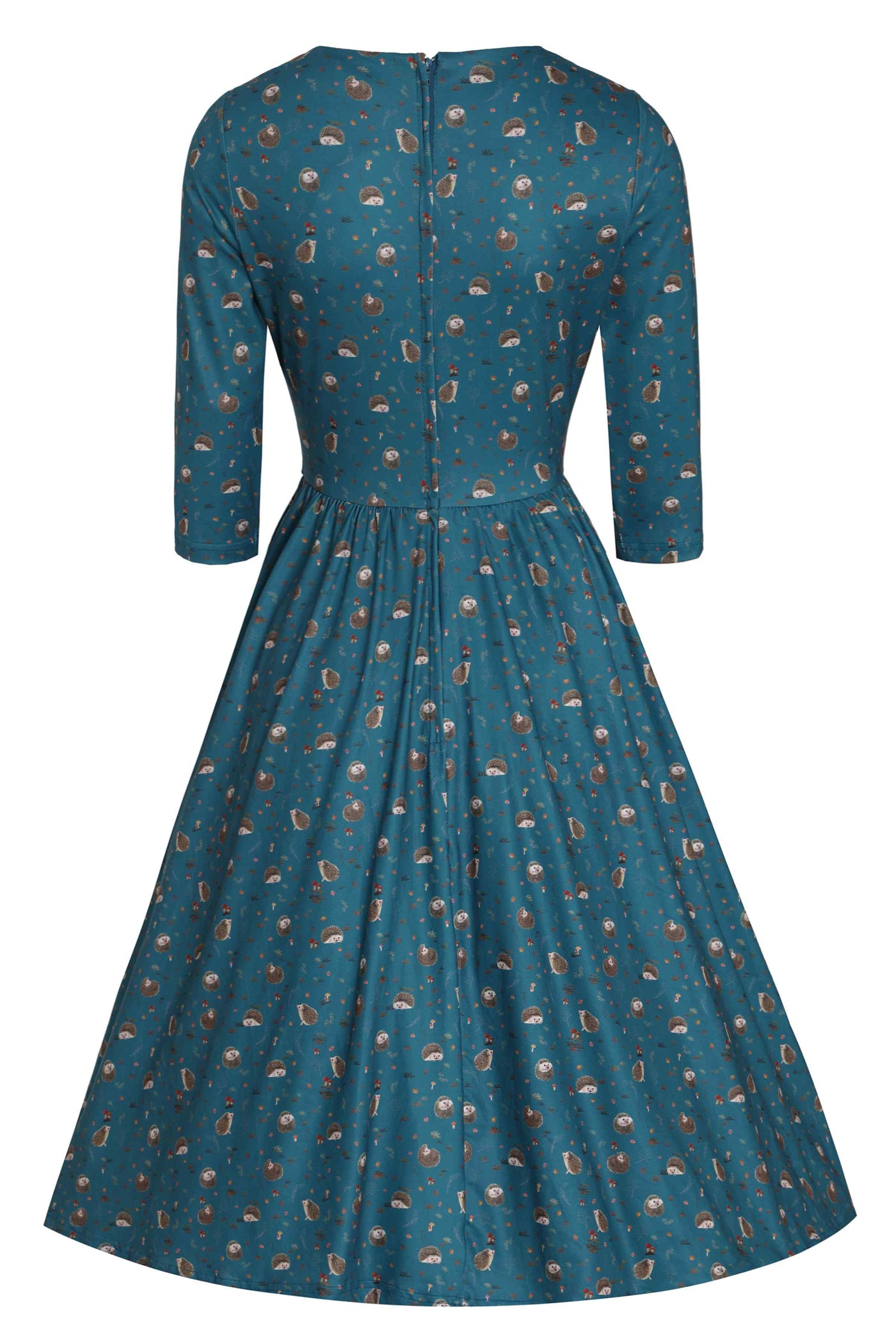 Back view of Hedge and Mushroom Print Dress in Green