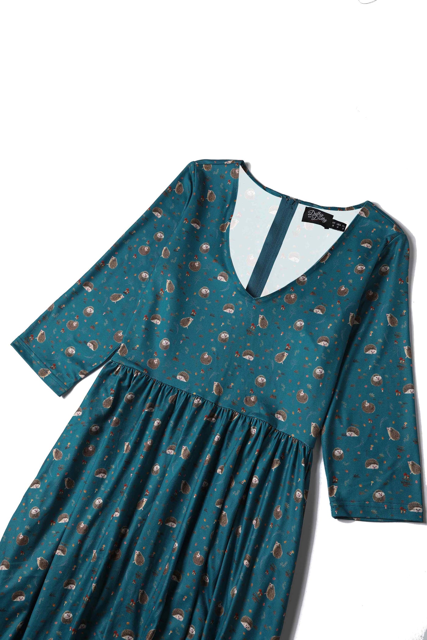 Close up view of Hedge and Mushroom Print Dress in Green