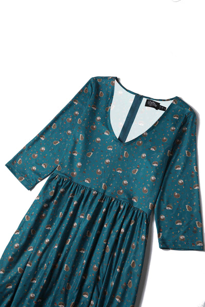Close up view of Hedge and Mushroom Print Dress in Green