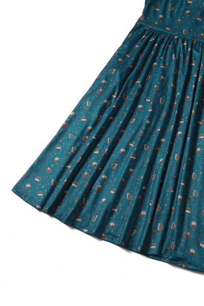 Close up view of Hedge and Mushroom Print Dress in Green