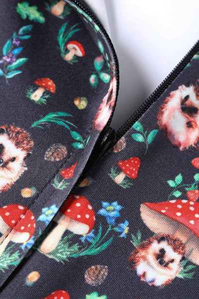 Close up view of Hedgehog and Mushroom Print Dress in Black