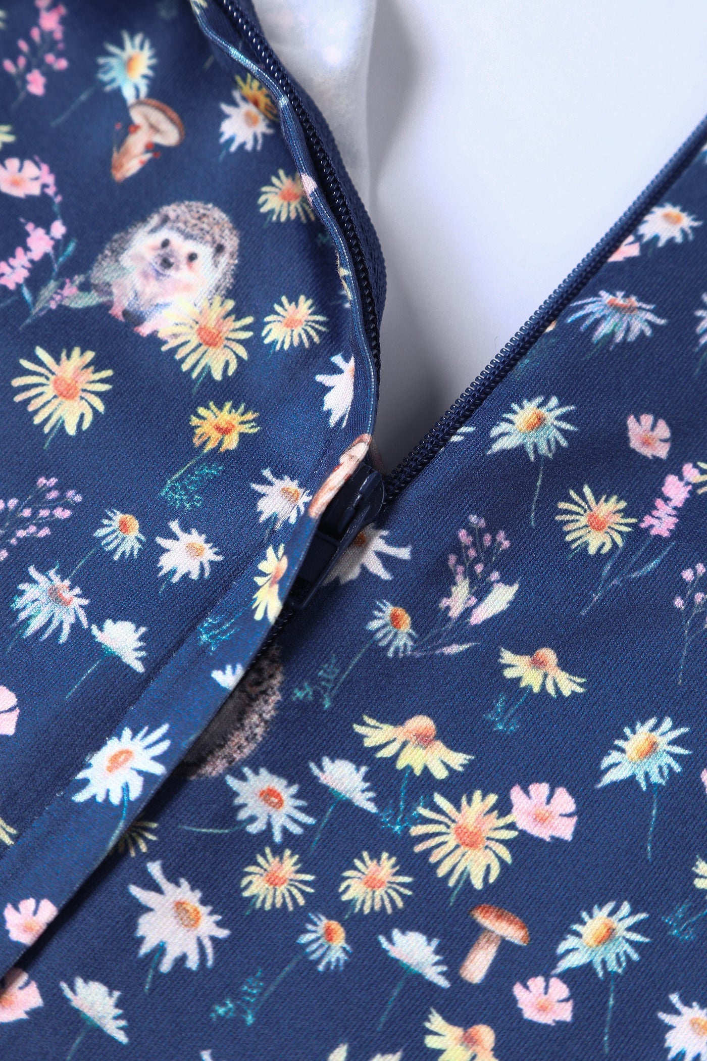 Close up view of Purple Hedgehog & Mushroom Print Dress