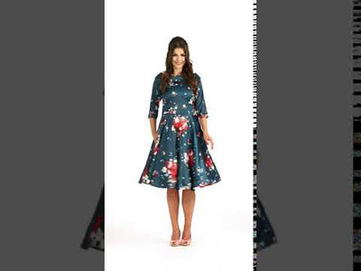 Deborah Long Sleeves Swing Tea Dress Teal Blue Red & Pink Roses