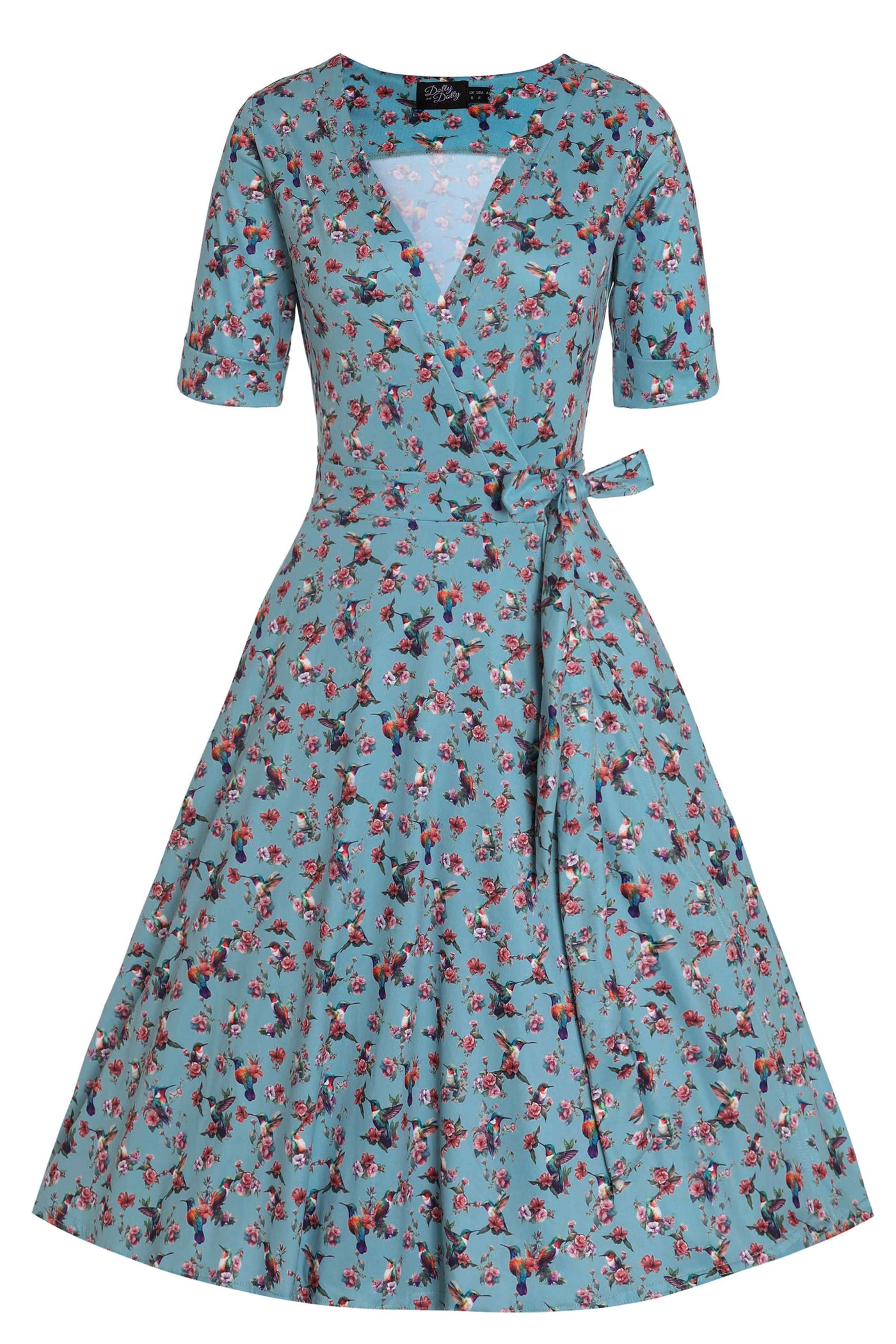 Front View of Hummingbird Blue Wrap Dress