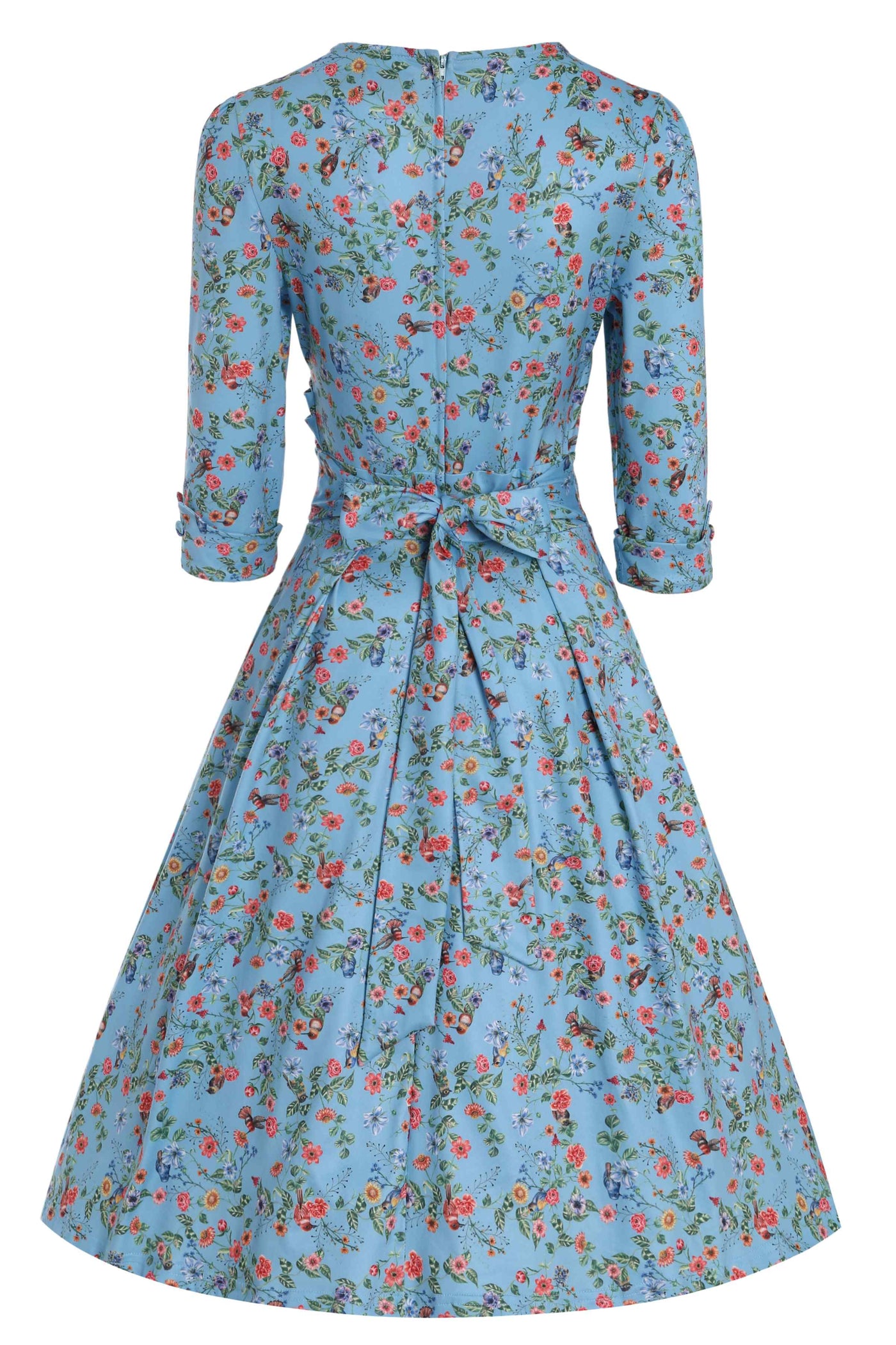 Back view of Hummingbird Print Long Sleeved Dress in Blue