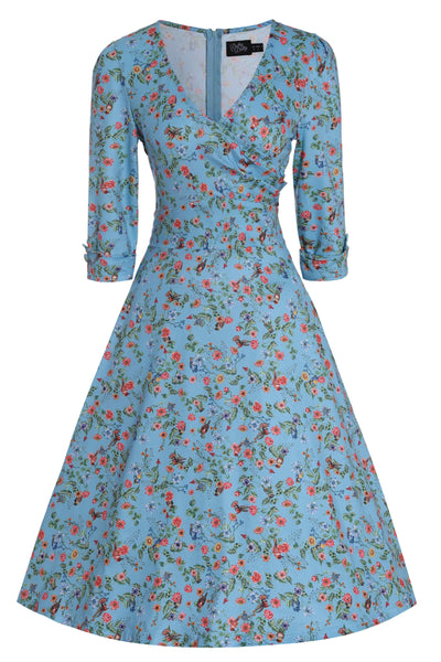 Front view of Hummingbird Print Long Sleeved Dress in Blue