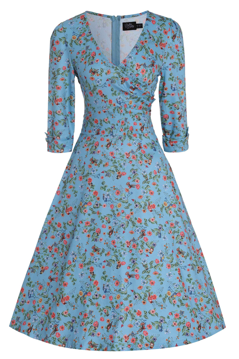 Front view of Hummingbird Print Long Sleeved Dress in Blue