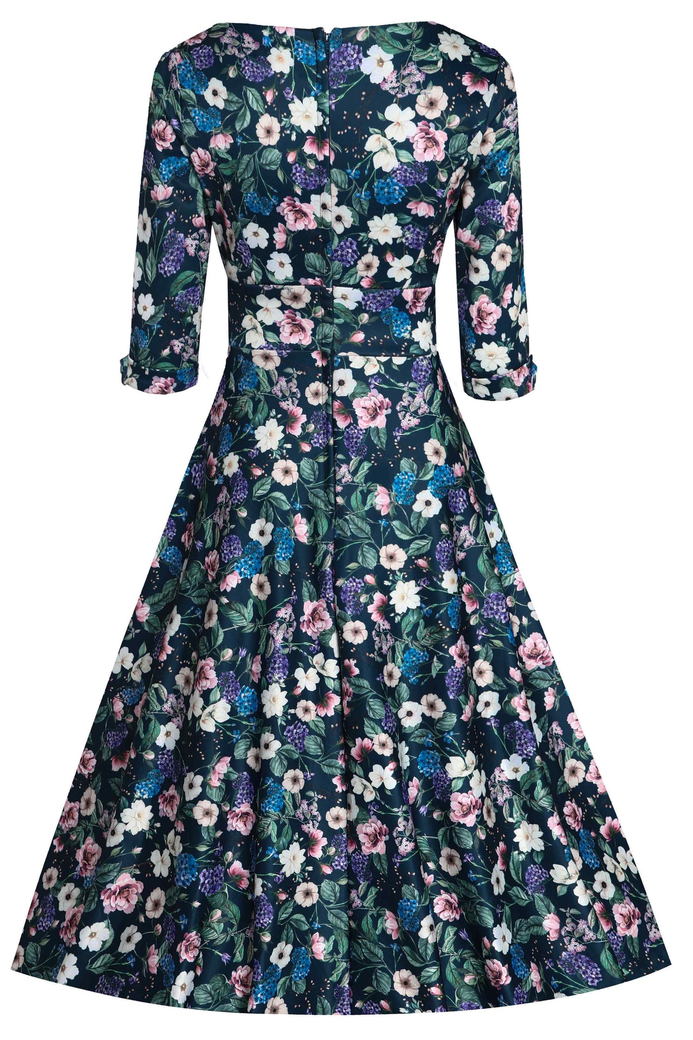 Hydrangea flower print in dark green swing dress