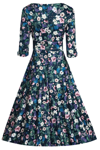 Hydrangea flower print in dark green swing dress