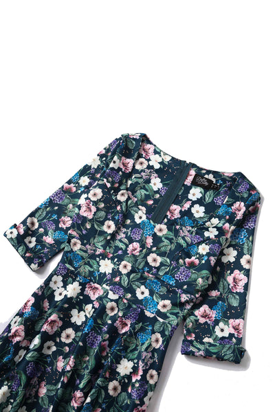 Hydrangea flower print in dark green swing dress