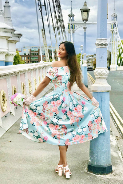 jayani_kan in Ladies Summer Tea Dress In Mint Green Floral in bridal pastel theme back view