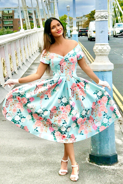jayani_kan in Ladies Summer Tea Dress In Mint Green Floral in bridal pastel theme front view