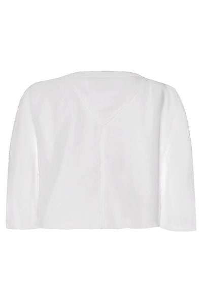 Sabrina tie shrug cape, in white, back view
