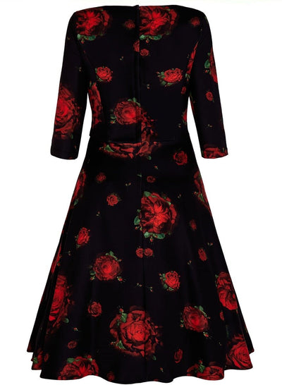 Janet Vintage Long Sleeved Flared Dress in Black/Red Roses