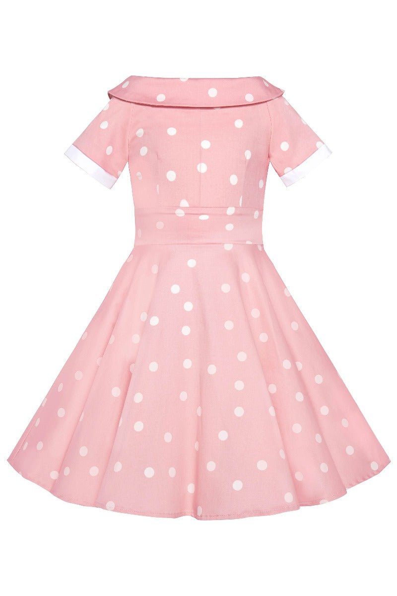 Girls Darlene Polka Dot Vintage Inspired Swing Dress In Baby Pink & White
