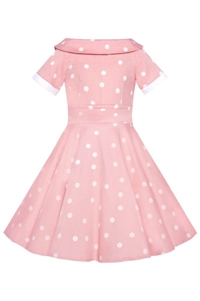 Girls Darlene Polka Dot Vintage Inspired Swing Dress In Baby Pink & White