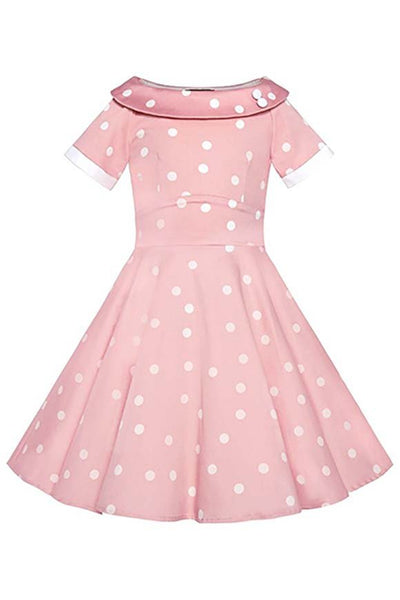 Girls Darlene Polka Dot Vintage Inspired Swing Dress In Baby Pink & White