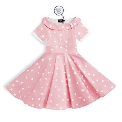 Girls Darlene Polka Dot Vintage Inspired Swing Dress In Baby Pink & White