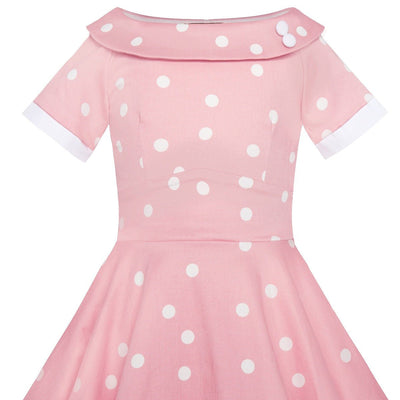 Girls Darlene Polka Dot Vintage Inspired Swing Dress In Baby Pink & White