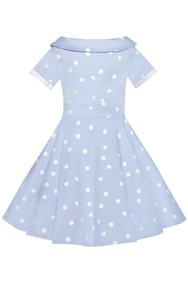 Girls Vintage Inspired Darlene Polka Dot Swing Dress In Baby Blue-White
