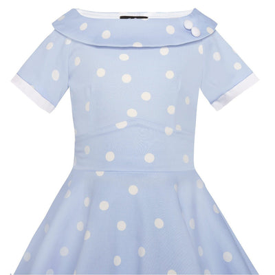 Girls Vintage Inspired Darlene Polka Dot Swing Dress In Baby Blue-White