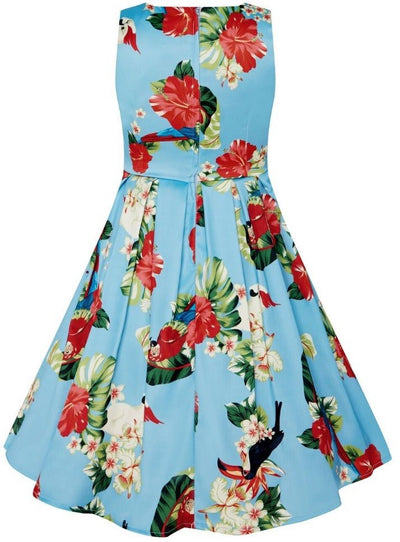 Kids Annie Vintage Inspired Floral Parrot Dress in Light Blue
