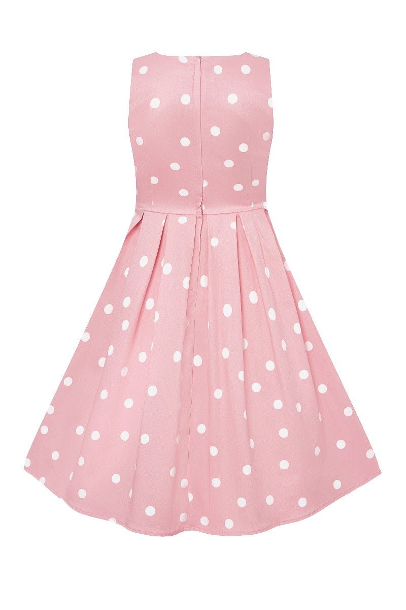 Kid's Vintage Polka Dot Sleeveless Swing Dress in Baby Pink and White
