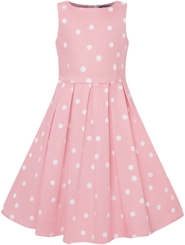 Kid's Vintage Polka Dot Sleeveless Swing Dress in Baby Pink and White

