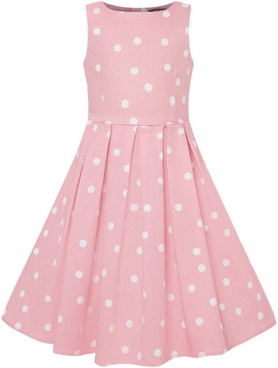 Kid's Vintage Polka Dot Sleeveless Swing Dress in Baby Pink and White
