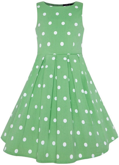 Vintage Inspired Polka Dot Kid's Swing Dress in Smoke Green and White Dots 
