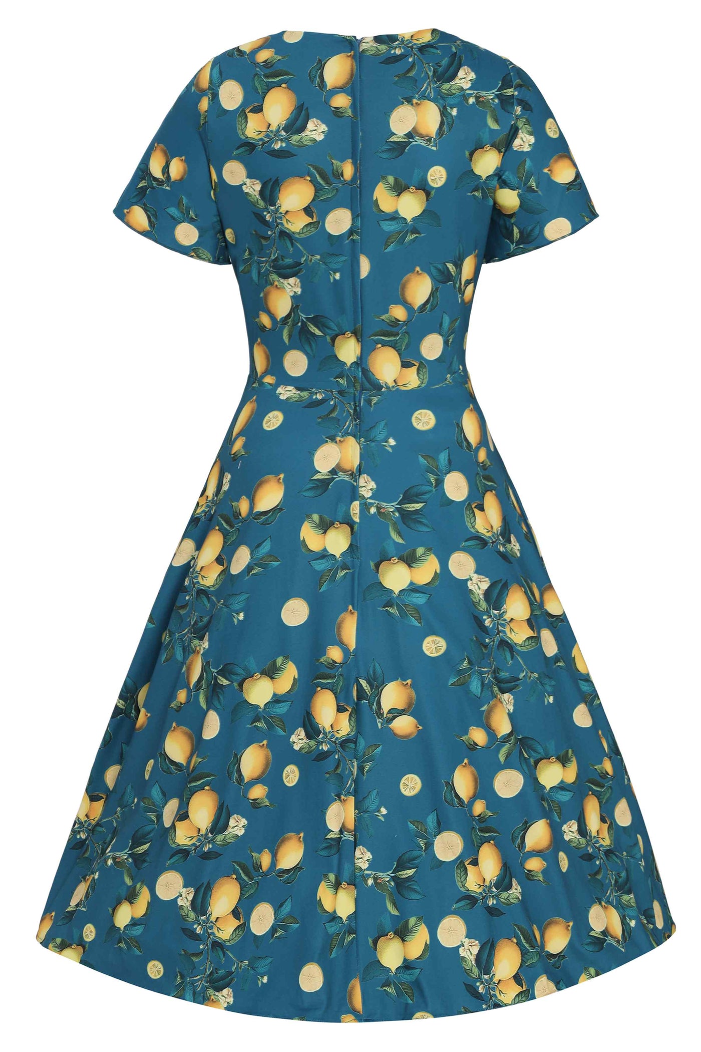 Back View of Lemon Print Short Sleeved Dress in Blue