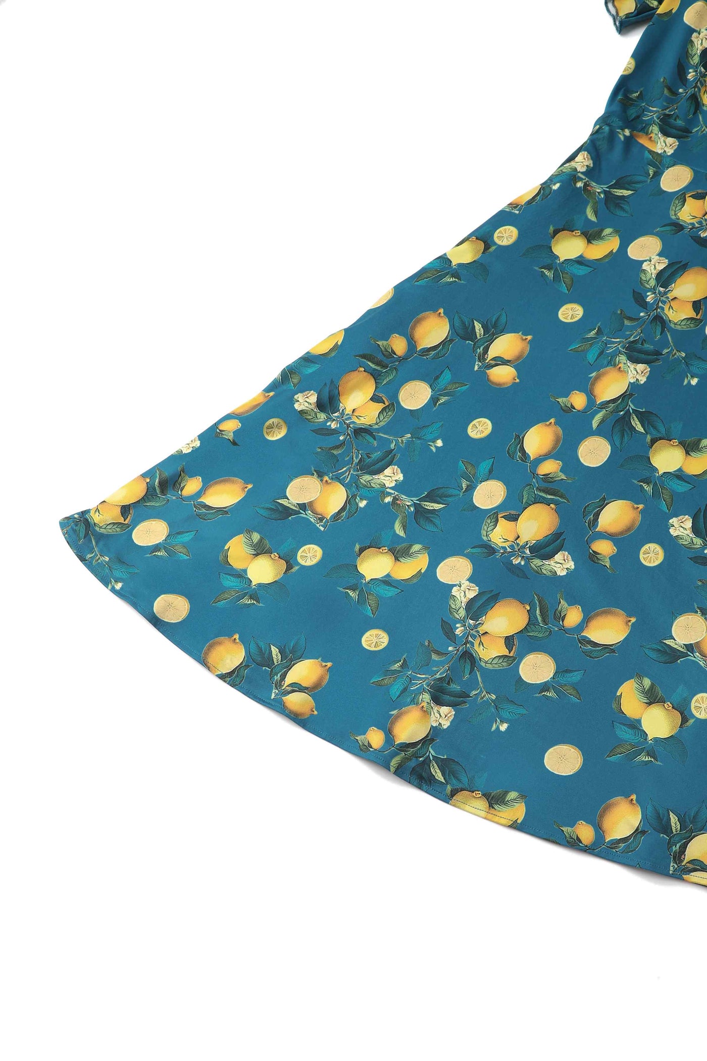 Close up View of Lemon Print Short Sleeved Dress in Blue