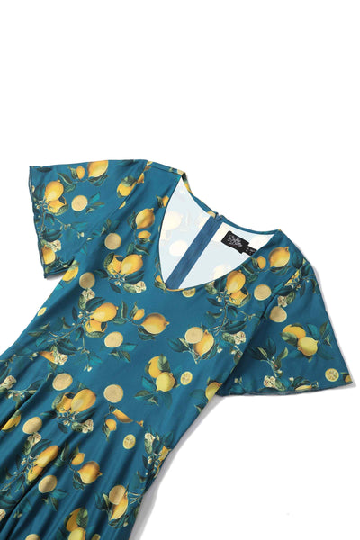 Close up View of Lemon Print Short Sleeved Dress in Blue