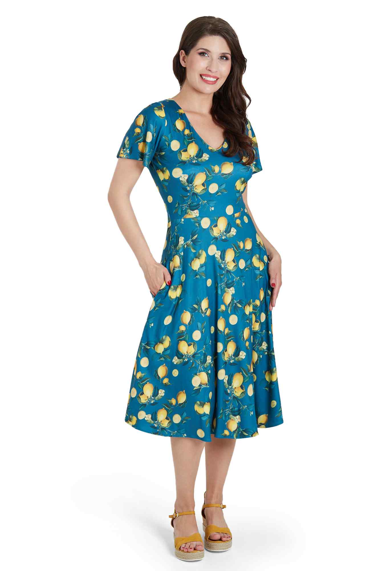Model Photo of Lemon Print Short Sleeved Dress in Blue