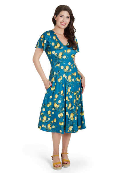 Model Photo of Lemon Print Short Sleeved Dress in Blue