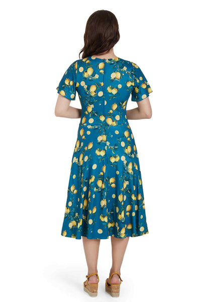 Model Photo of Lemon Print Short Sleeved Dress in Blue