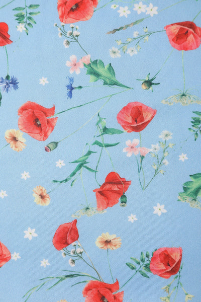 light blue poppy floral print knit fabric