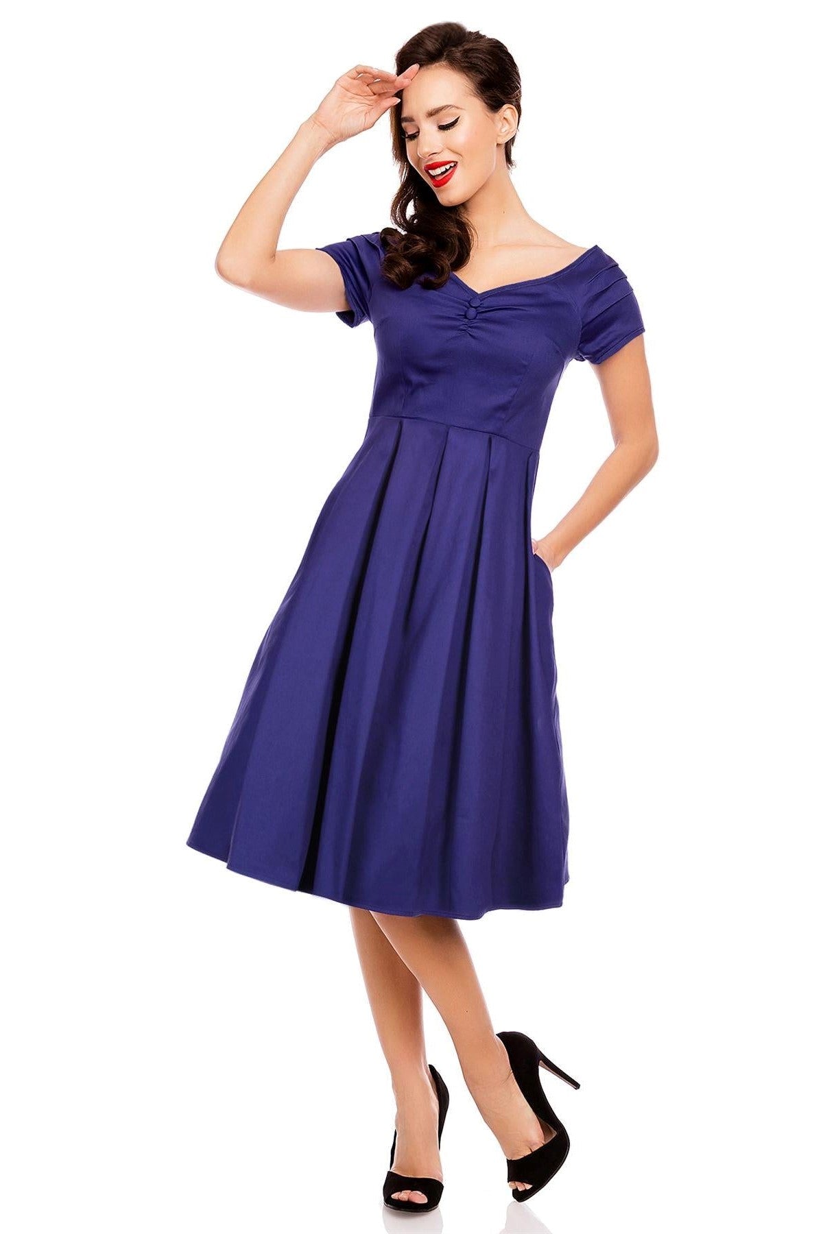 Lily Off Shoulder 50s Evening Dress in Dark Blue