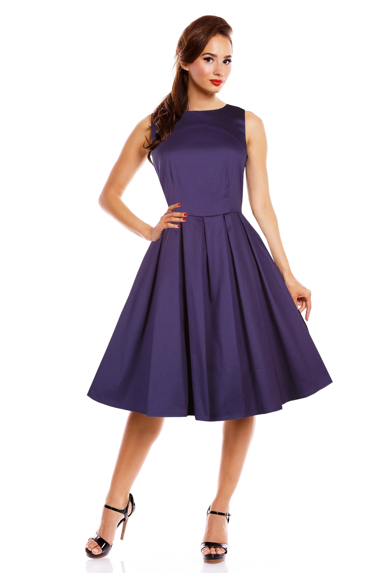 Stylish 50's Retro Swing Dress With Pockets in Plain Blue