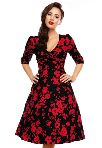Long Sleeve 50's Style Swing Dress in Black-Red Floral