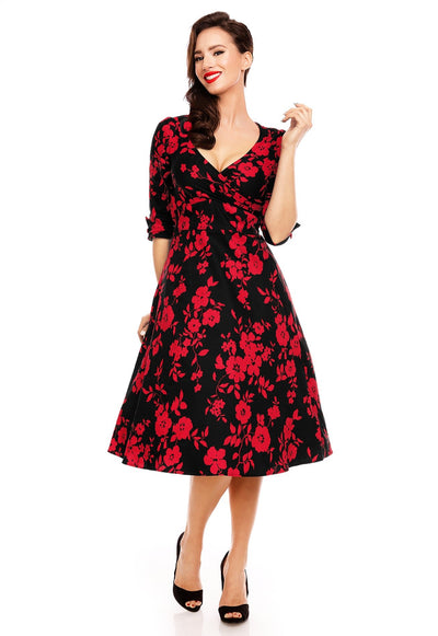 Long Sleeve 50's Style Swing Dress in Black-Red Floral