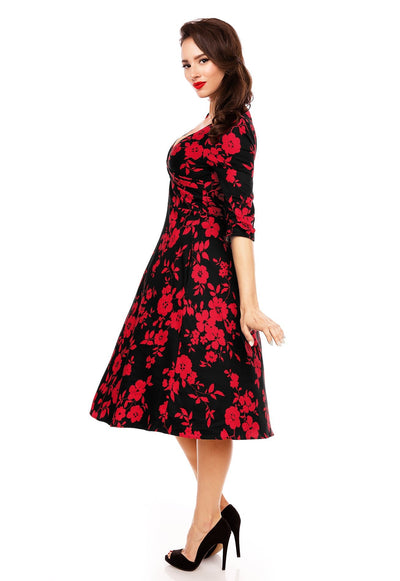 Long Sleeve 50's Style Swing Dress in Black-Red Floral