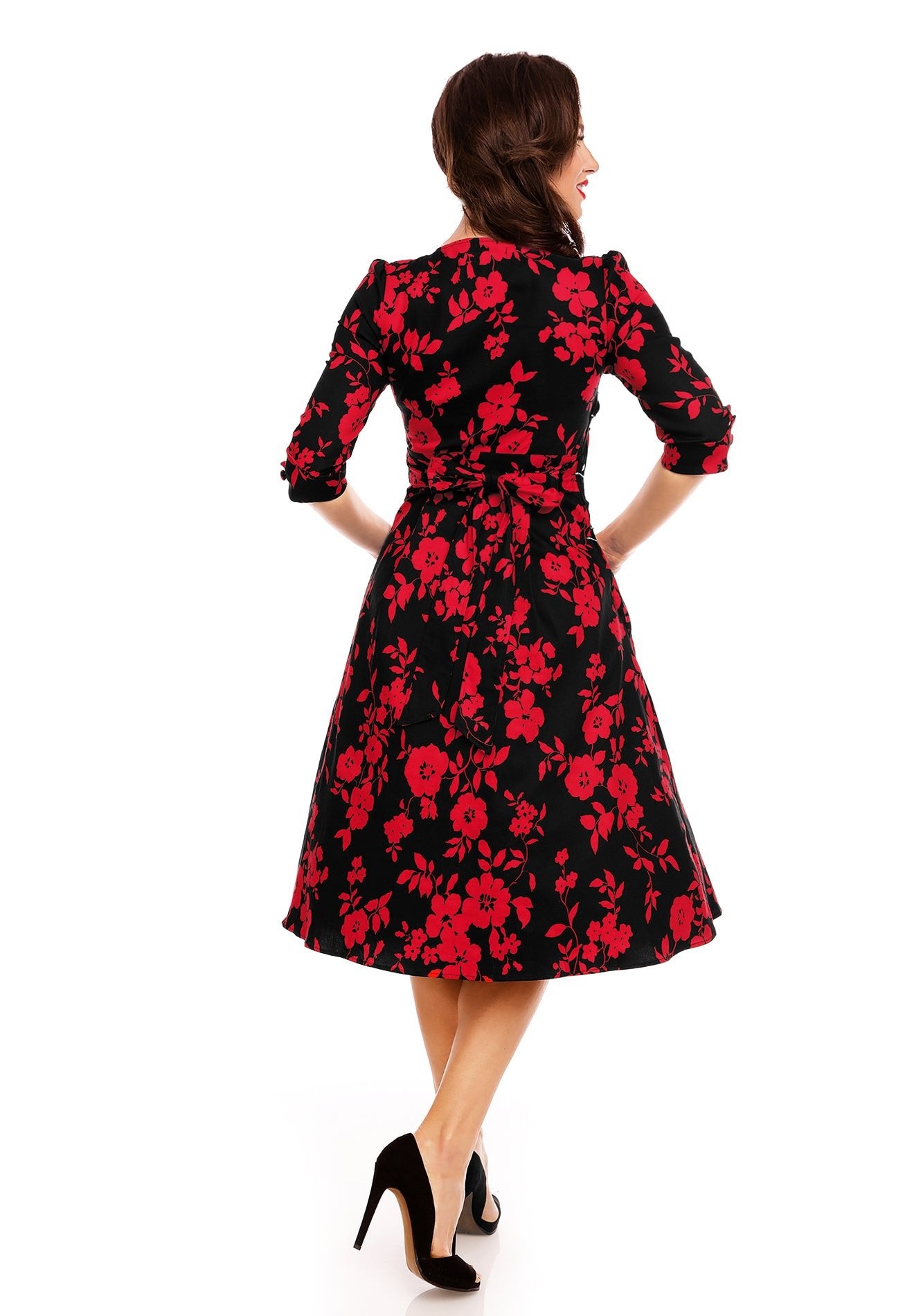 Long Sleeve 50's Style Swing Dress in Black-Red Floral