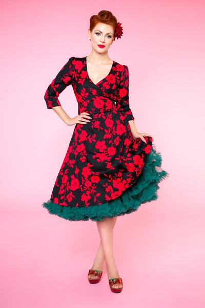 Long Sleeve 50's Style Swing Dress in Black-Red Floral