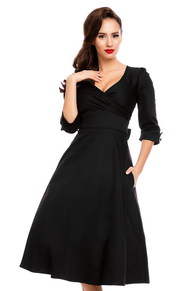 Long Sleeve 50s Style Swing Dress in All Black