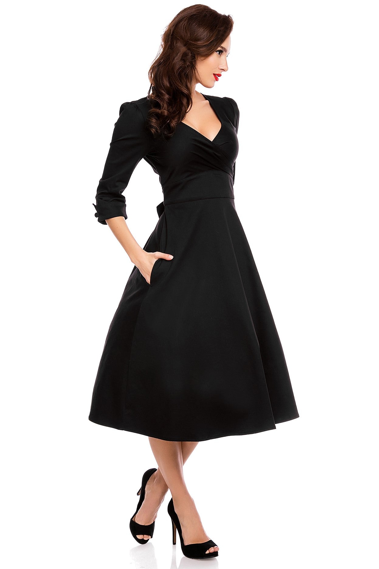 Katherine Long Sleeve 50s Style Swing Dress in All Black