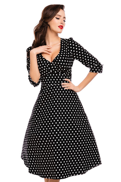 Long Sleeve 50s Style Swing Dress in Black Polka