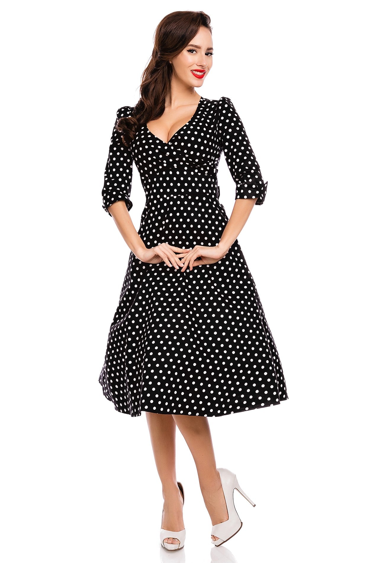 Long Sleeve 50s Style Swing Dress in Black Polka