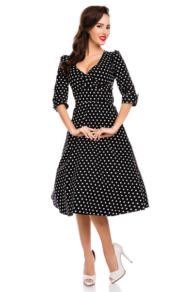 Long Sleeve 50s Style Swing Dress in Black Polka