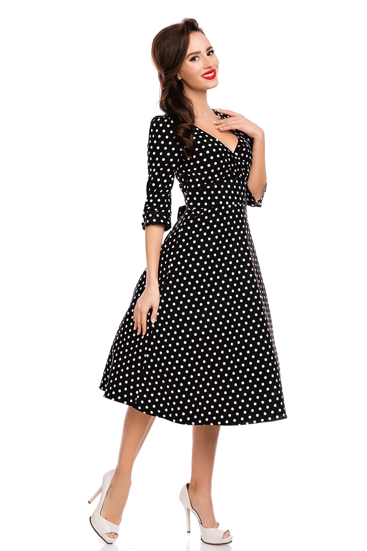Long Sleeve 50s Style Swing Dress in Black Polka